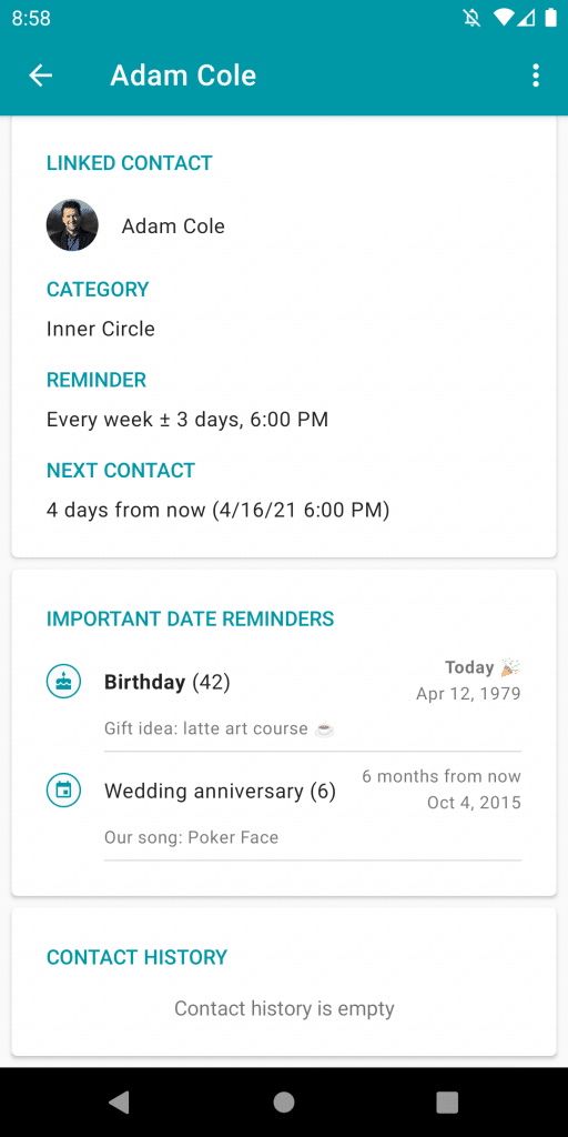 Important date reminders on contact detail screen