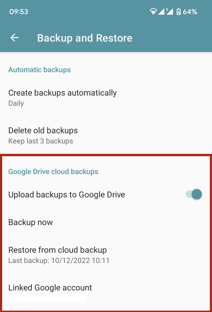 Google Drive backup settings